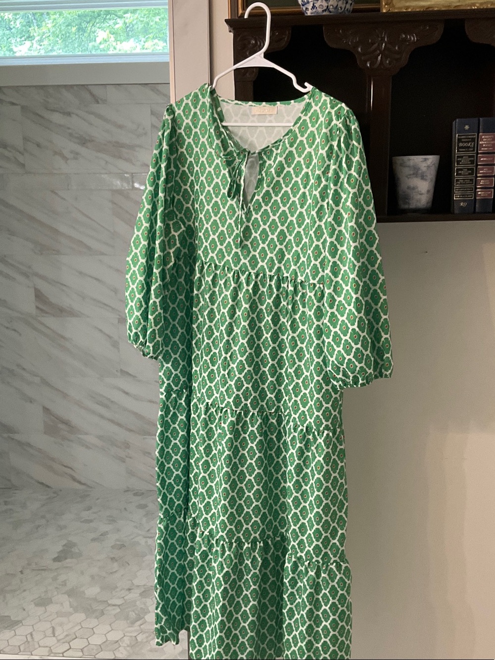 Green Printed Tiered Maxi Dress with Tie Neck